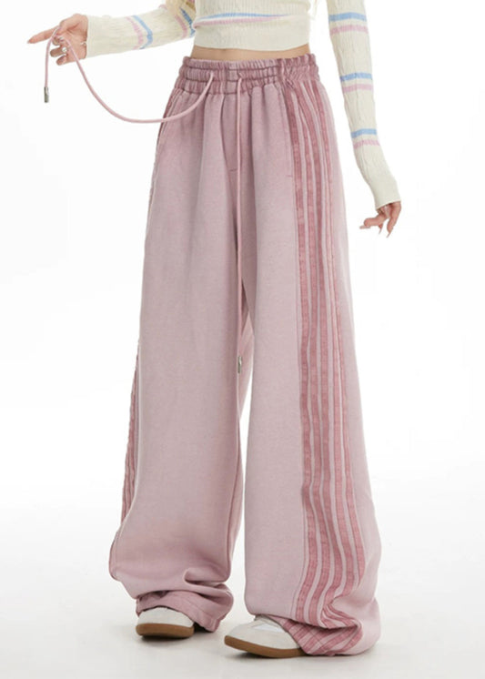 Pink Striped Elastic Waist Wide Leg Pants Spring Ta050