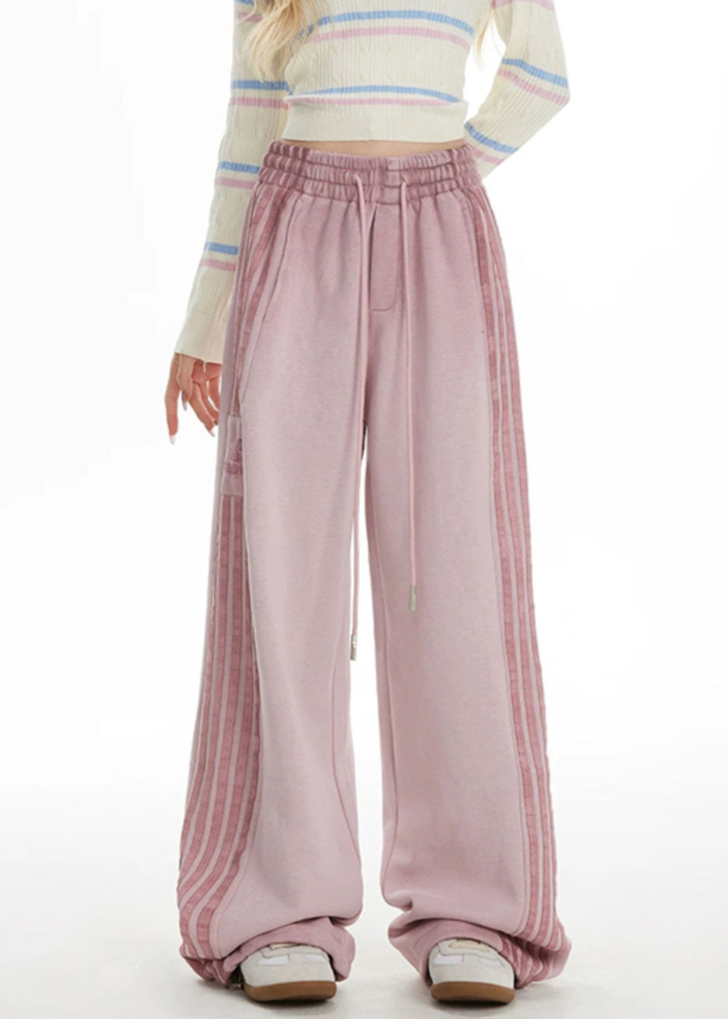 Pink Striped Elastic Waist Wide Leg Pants Spring Ta050