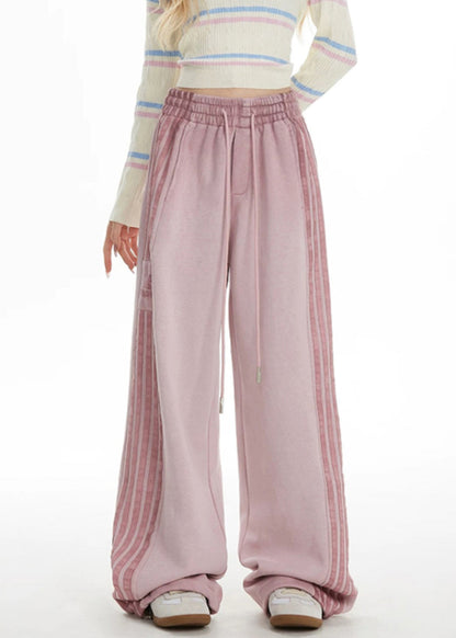 Pink Striped Elastic Waist Wide Leg Pants Spring Ta050