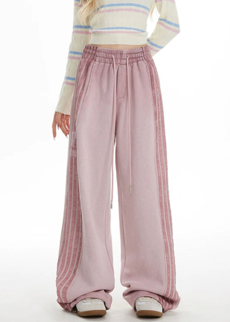 Pink Striped Elastic Waist Wide Leg Pants Spring Ta050