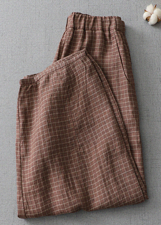 Plaid Pockets Elastic Waist Linen Crop Pants Summer Au1035
