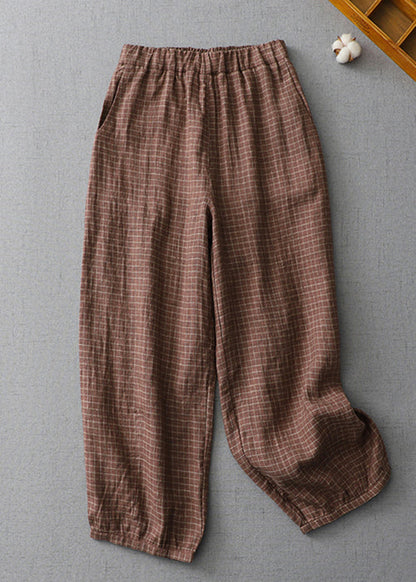 Plaid Pockets Elastic Waist Linen Crop Pants Summer Au1035
