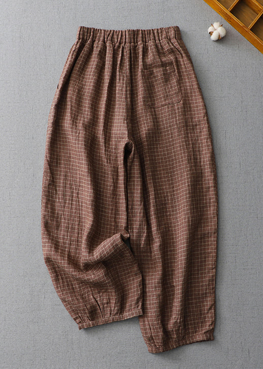 Plaid Pockets Elastic Waist Linen Crop Pants Summer Au1035