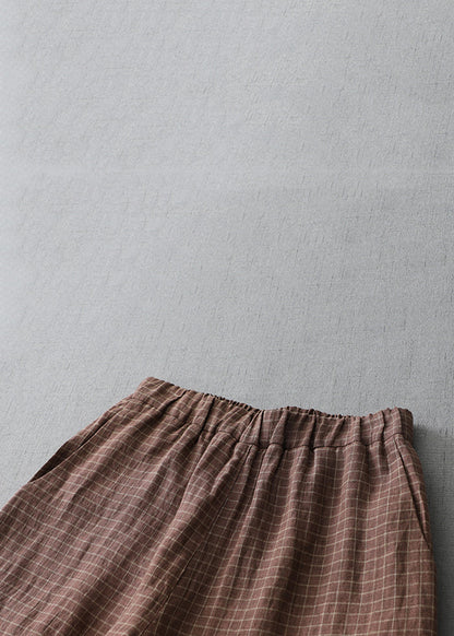 Plaid Pockets Elastic Waist Linen Crop Pants Summer Au1035
