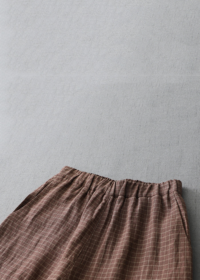 Plaid Pockets Elastic Waist Linen Crop Pants Summer Au1035