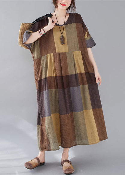 Plaid V Neck Patchwork Linen Long Dresses Summer Gg018