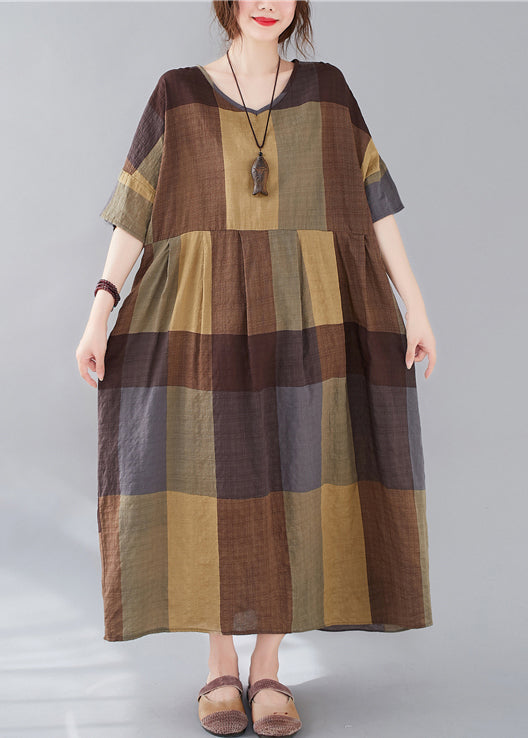 Plaid V Neck Patchwork Linen Long Dresses Summer Gg018