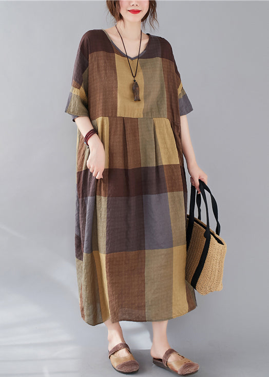 Plaid V Neck Patchwork Linen Long Dresses Summer Gg018