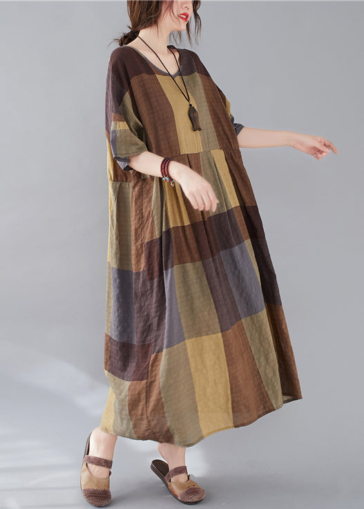 Plaid V Neck Patchwork Linen Long Dresses Summer Gg018