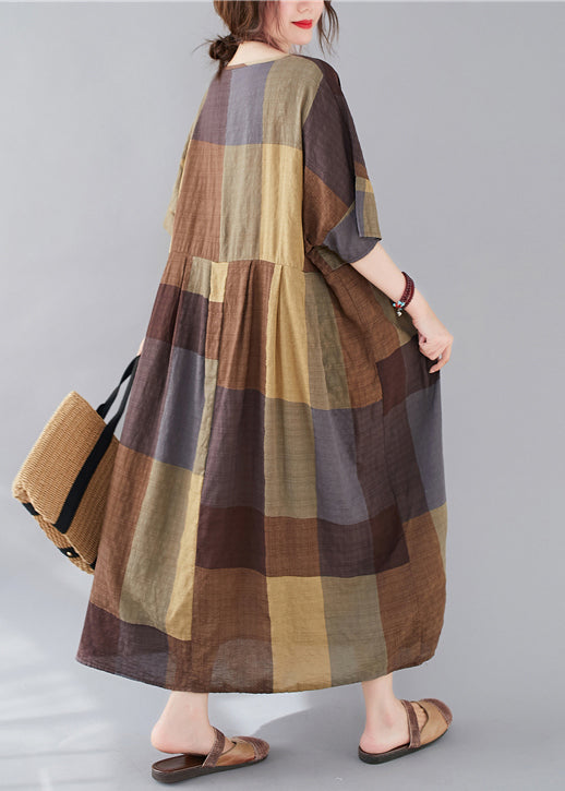 Plaid V Neck Patchwork Linen Long Dresses Summer Gg018