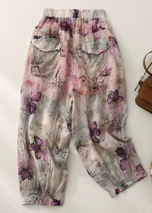 Pockets Print Elastic Waist Cotton Lantern Pants Summer Ww1032