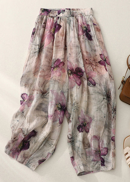 Pockets Print Elastic Waist Cotton Lantern Pants Summer Ww1032