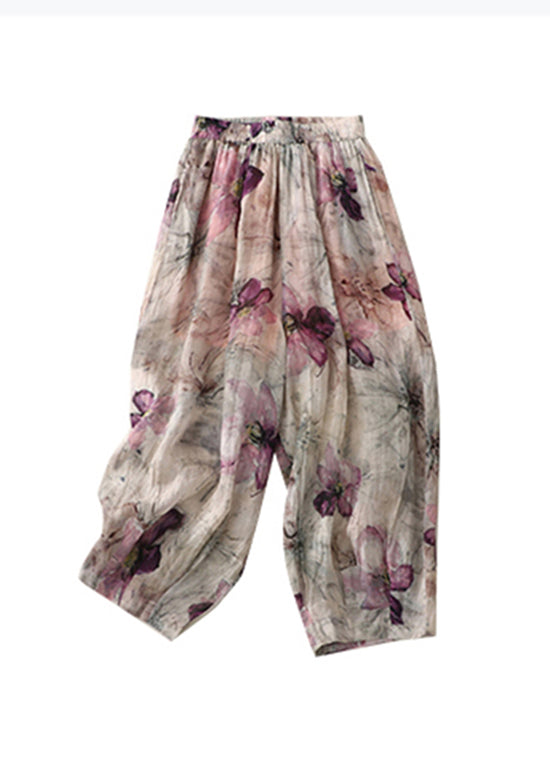 Pockets Print Elastic Waist Cotton Lantern Pants Summer Ww1032