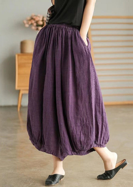 Purple Pockets Elastic Waist Linen Crop Pants Summer Vv043