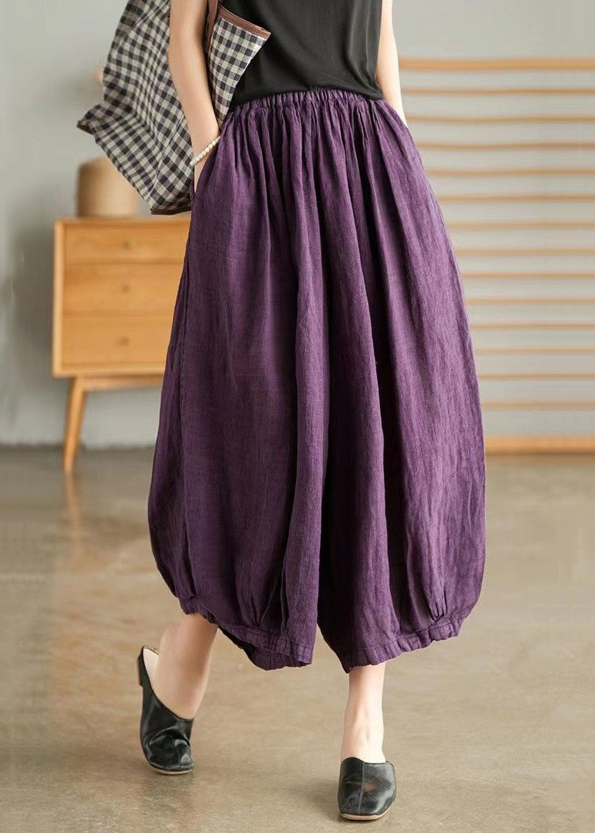 Purple Pockets Elastic Waist Linen Crop Pants Summer Vv043