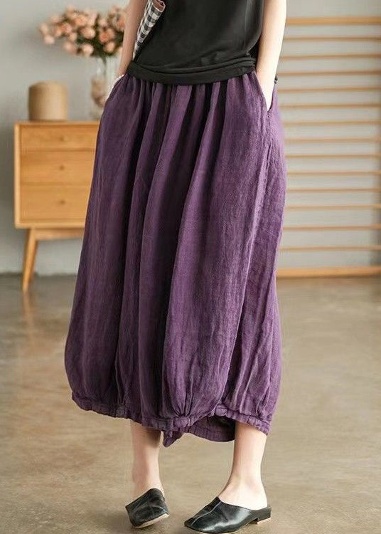 Purple Pockets Elastic Waist Linen Crop Pants Summer Vv043