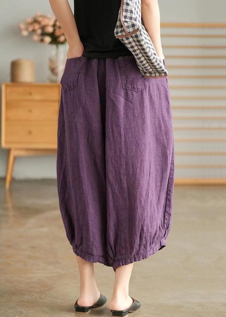 Purple Pockets Elastic Waist Linen Crop Pants Summer Vv043