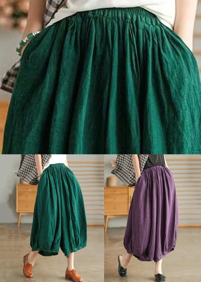 Purple Pockets Elastic Waist Linen Crop Pants Summer Vv043