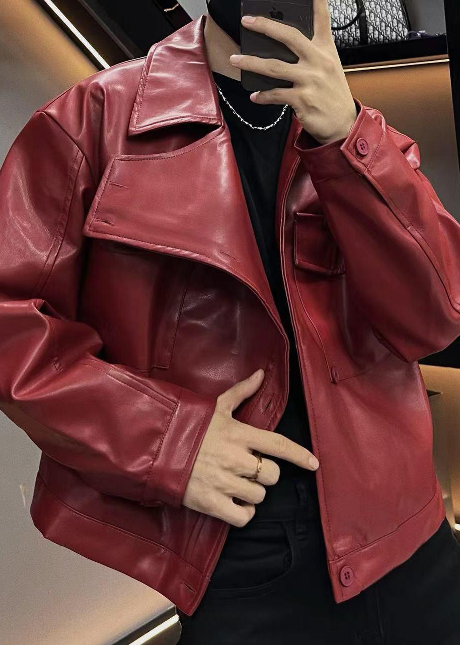 Red Asymmetrical Button Faux Leather Coats Spring Rn019