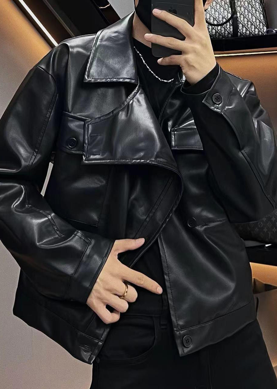 Red Asymmetrical Button Faux Leather Coats Spring Rn019