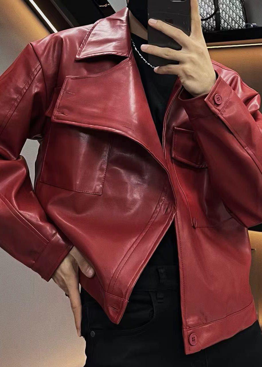 Red Asymmetrical Button Faux Leather Coats Spring Rn019