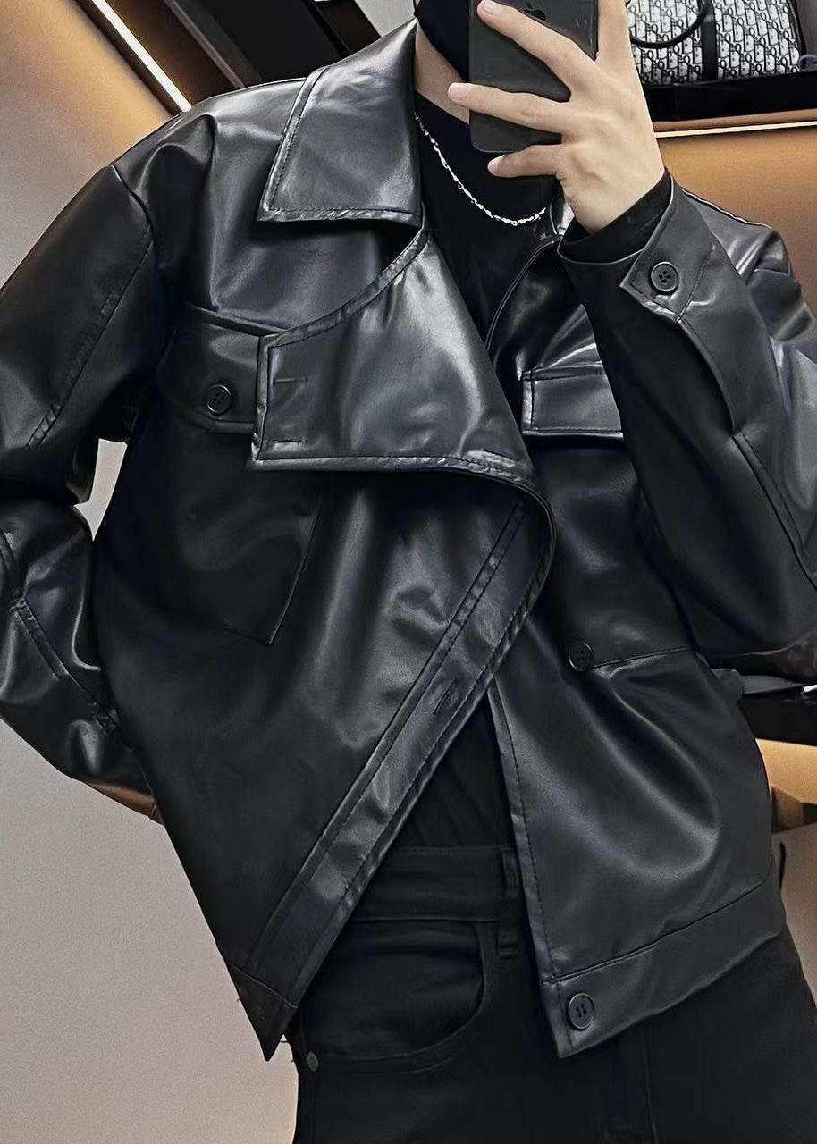 Red Asymmetrical Button Faux Leather Coats Spring Rn019