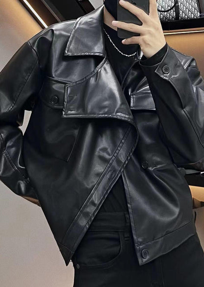 Red Asymmetrical Button Faux Leather Coats Spring Rn019