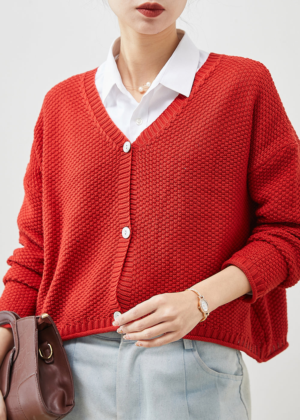 Red Button Down Knit Loose Cardigan Spring Yu1038