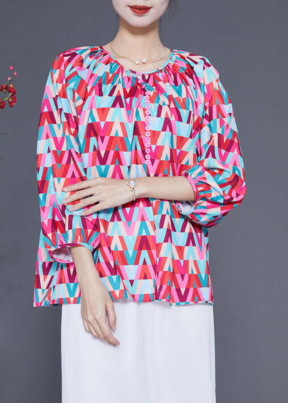Red O-neck Print Button Chiffon Blouse Top Bracelet Sleeve Ly1829