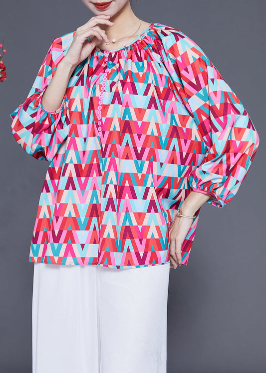 Red O-neck Print Button Chiffon Blouse Top Bracelet Sleeve Ly1829