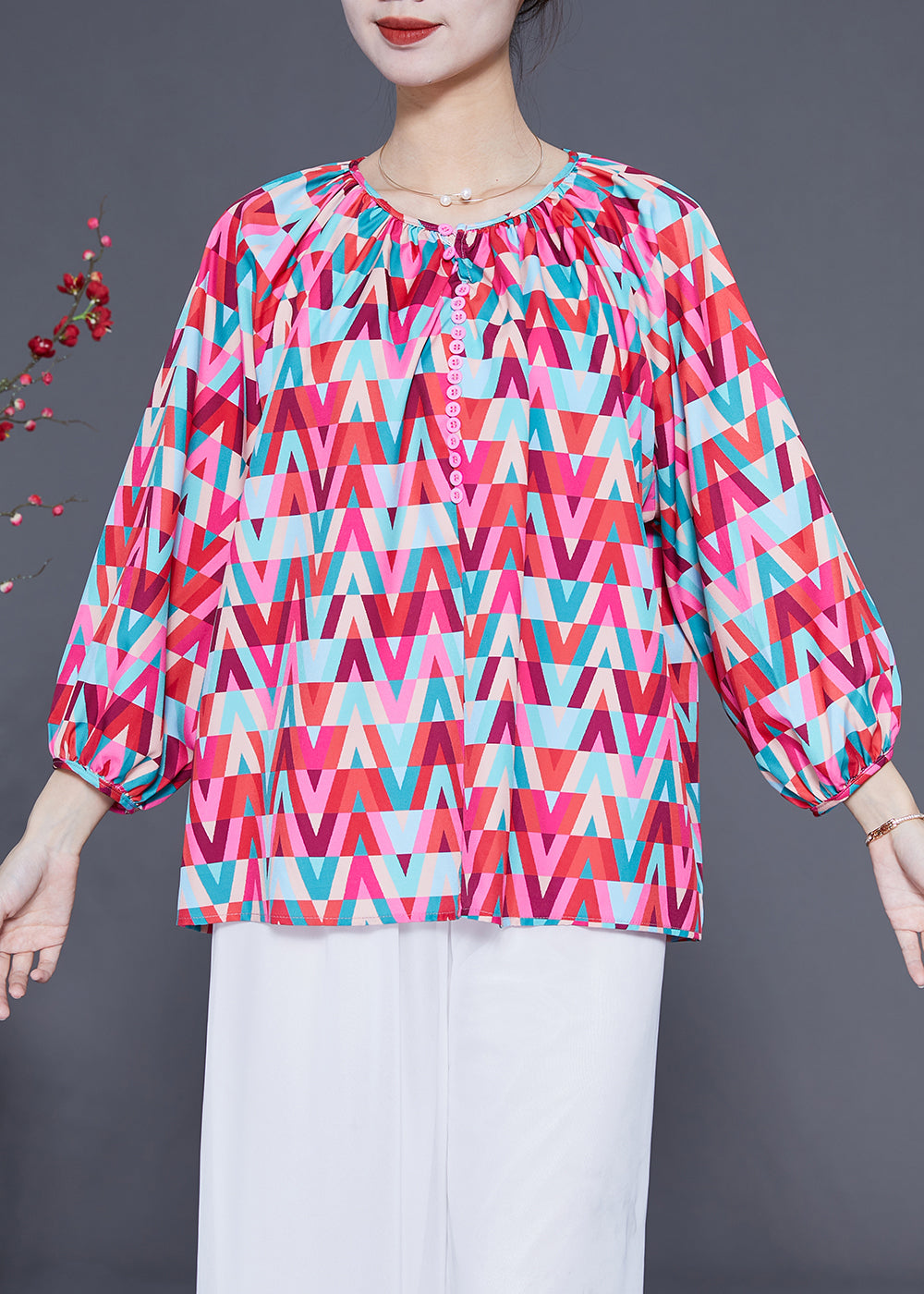 Red O-neck Print Button Chiffon Blouse Top Bracelet Sleeve Ly1829