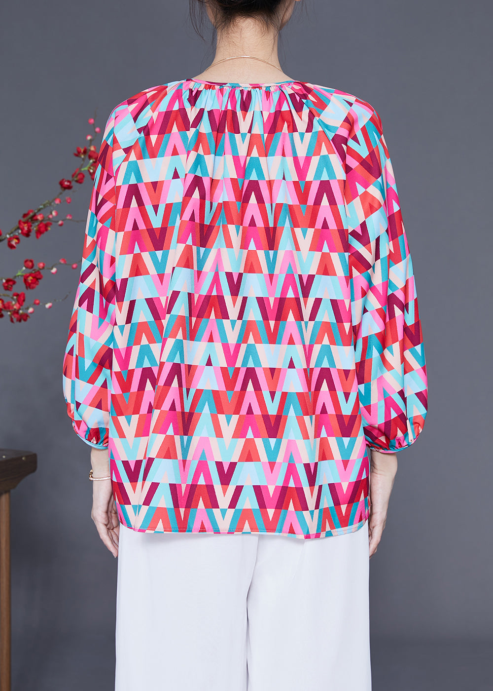 Red O-neck Print Button Chiffon Blouse Top Bracelet Sleeve Ly1829