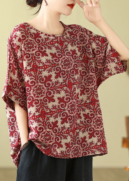 Red O Neck Print Cotton Blouse Top Summer Ap055