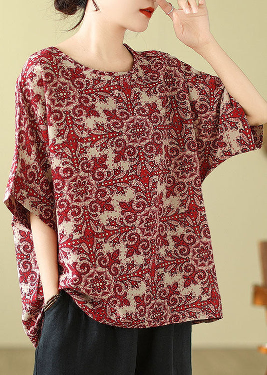 Red O Neck Print Cotton Blouse Top Summer Ap055
