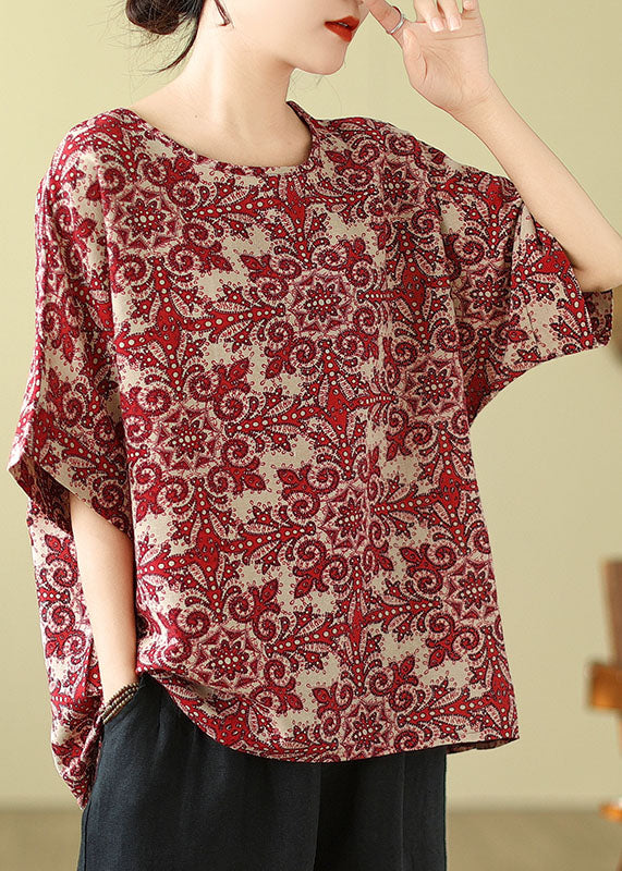 Red O Neck Print Cotton Blouse Top Summer Ap055