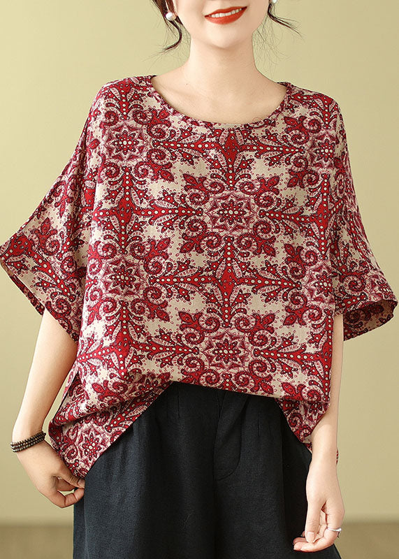 Red O Neck Print Cotton Blouse Top Summer Ap055