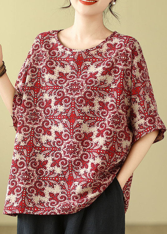 Red O Neck Print Cotton Blouse Top Summer Ap055