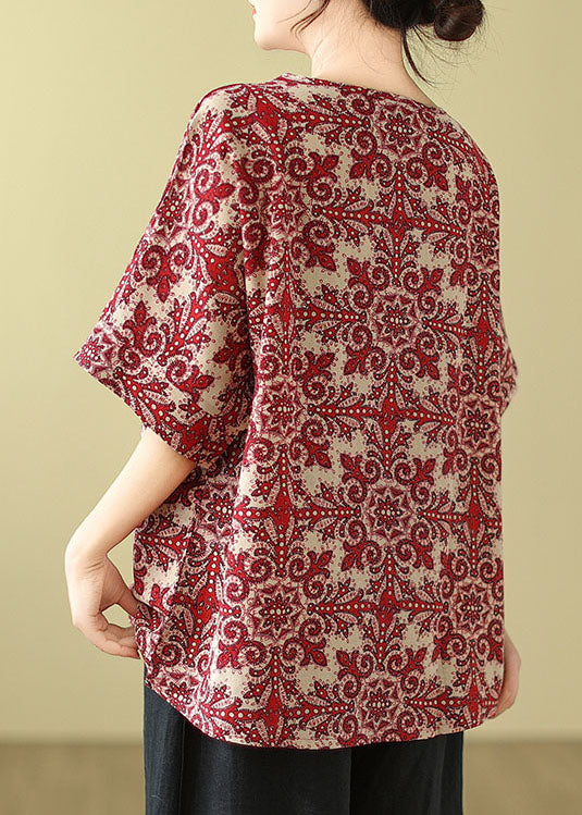 Red O Neck Print Cotton Blouse Top Summer Ap055