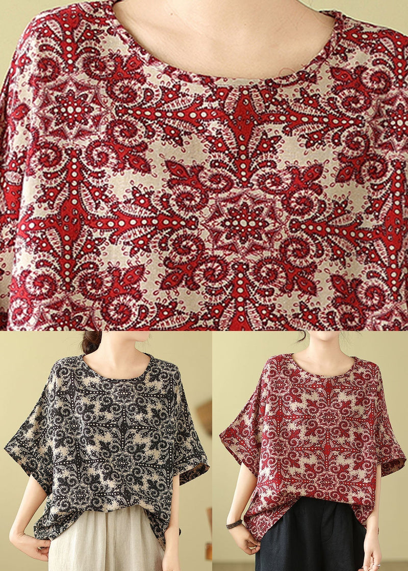 Red O Neck Print Cotton Blouse Top Summer Ap055