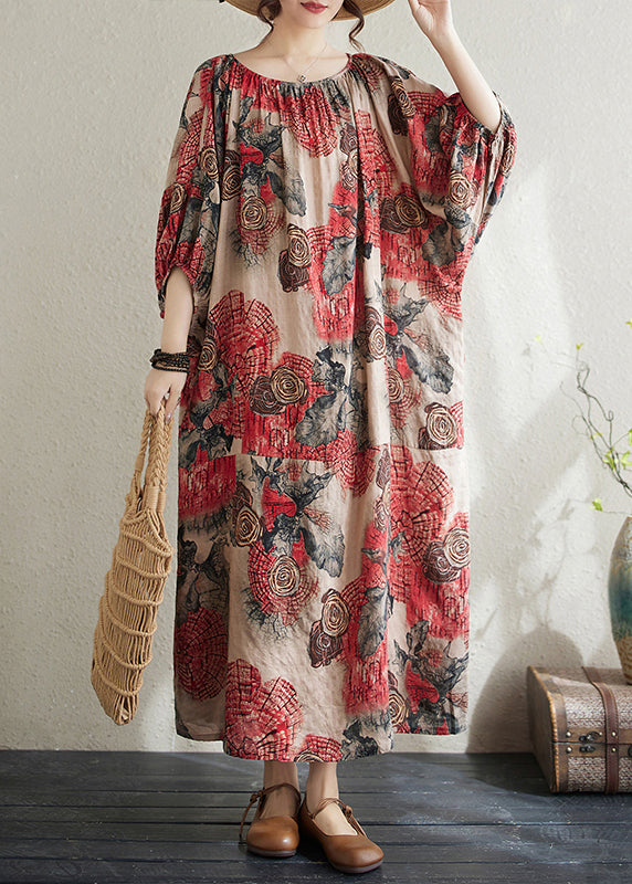 Red O Neck Print Cotton Long Dress Puff Sleeve Ap038