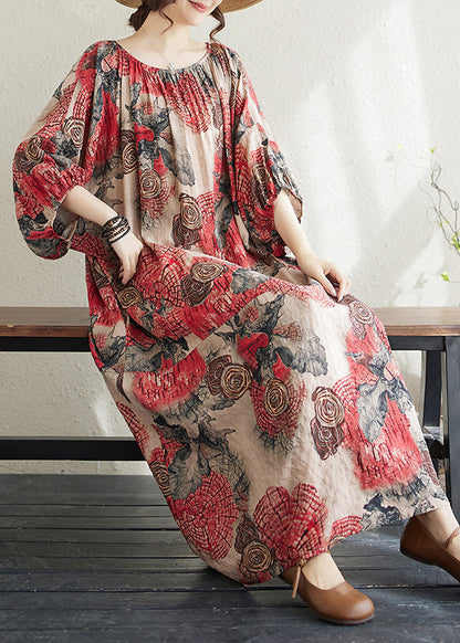 Red O Neck Print Cotton Long Dress Puff Sleeve Ap038