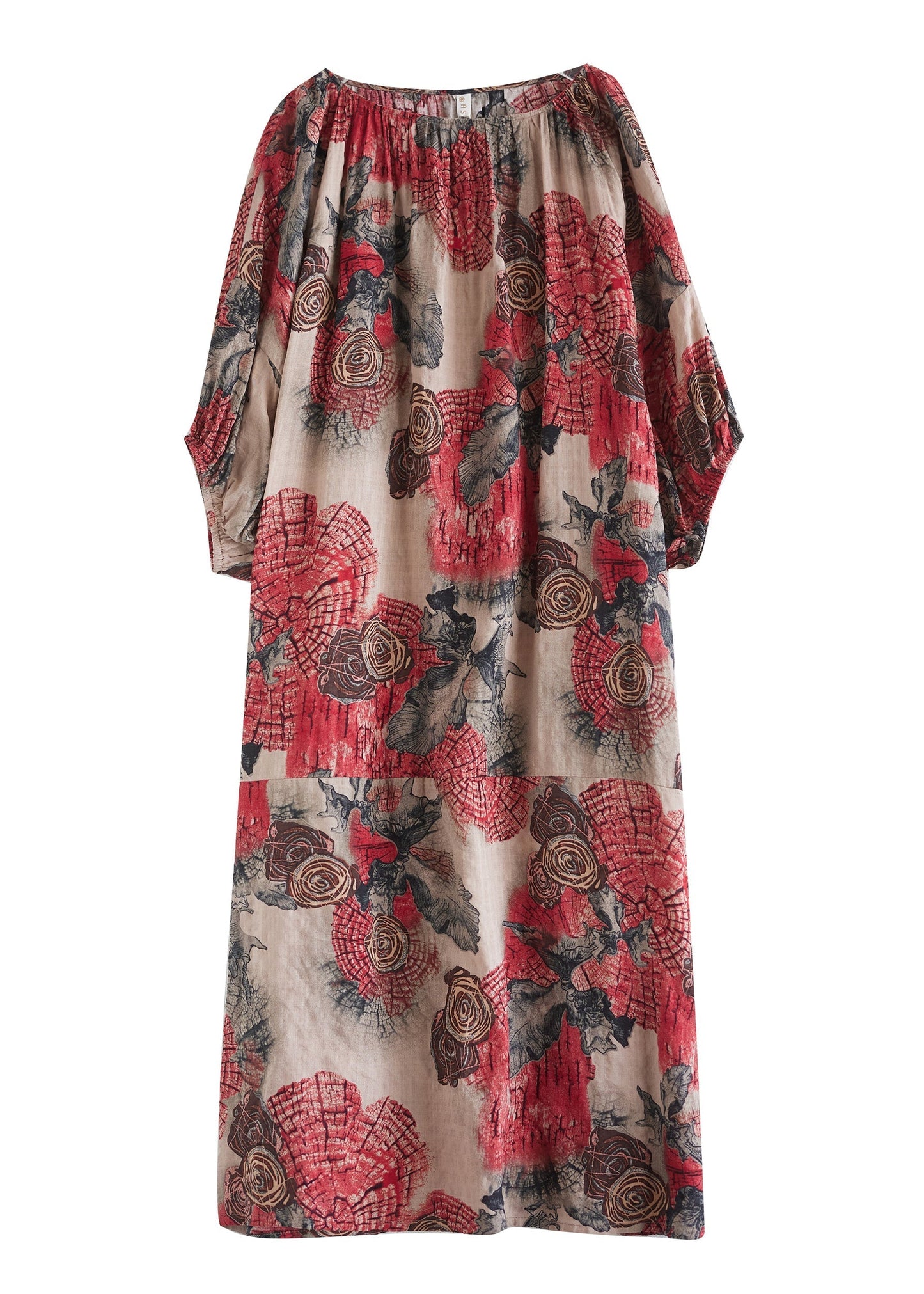 Red O Neck Print Cotton Long Dress Puff Sleeve Ap038