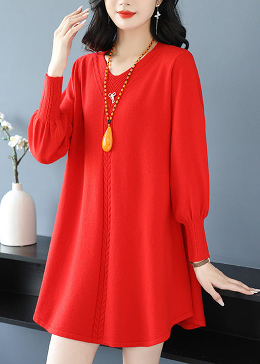 Red Patchwork Thick Cotton Knitted Sweaters Winter Te032