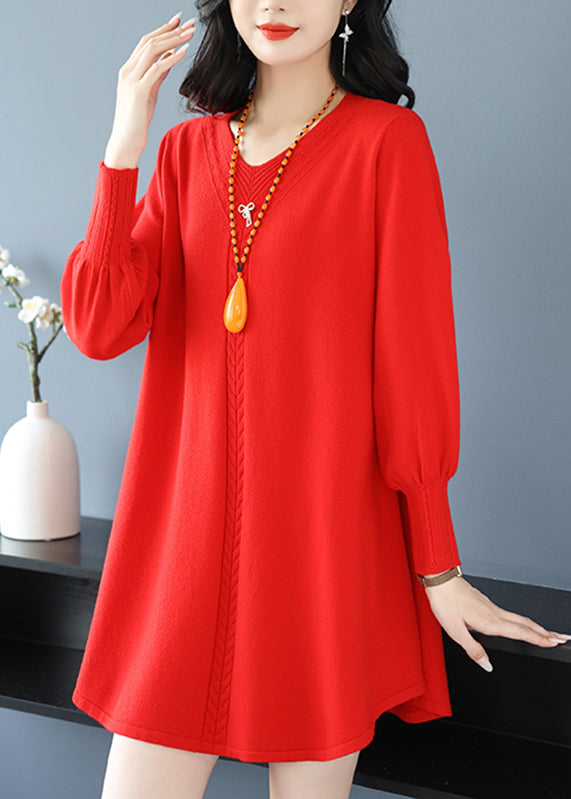 Red Patchwork Thick Cotton Knitted Sweaters Winter Te032