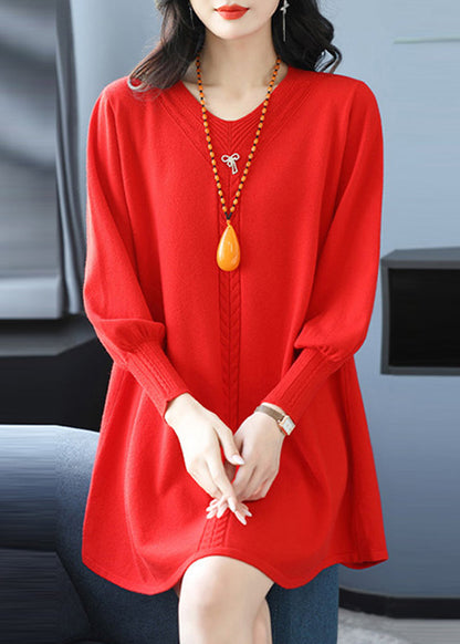 Red Patchwork Thick Cotton Knitted Sweaters Winter Te032