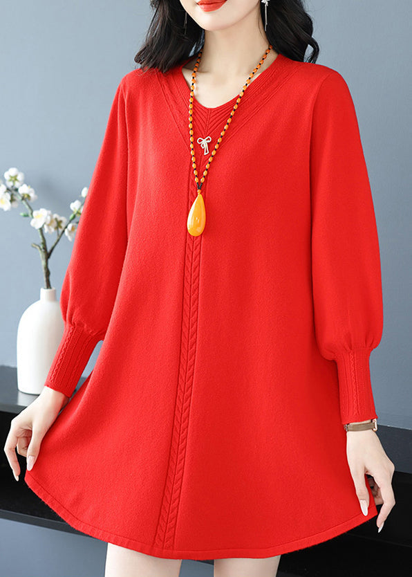 Red Patchwork Thick Cotton Knitted Sweaters Winter Te032