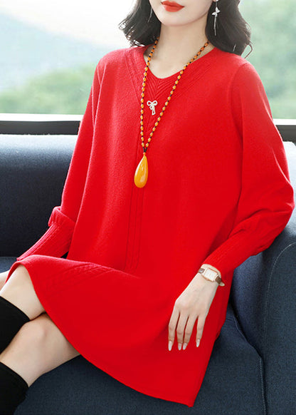 Red Patchwork Thick Cotton Knitted Sweaters Winter Te032