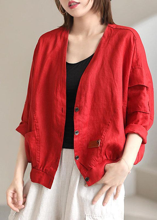 Red V Neck Pockets Fall Coats Long Sleeve Qs050