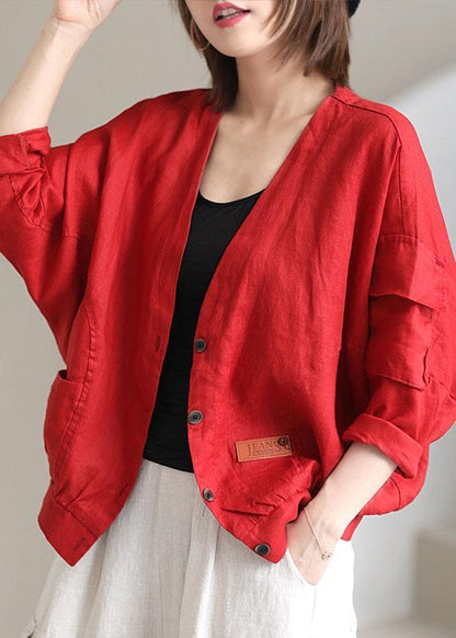 Red V Neck Pockets Fall Coats Long Sleeve Qs050