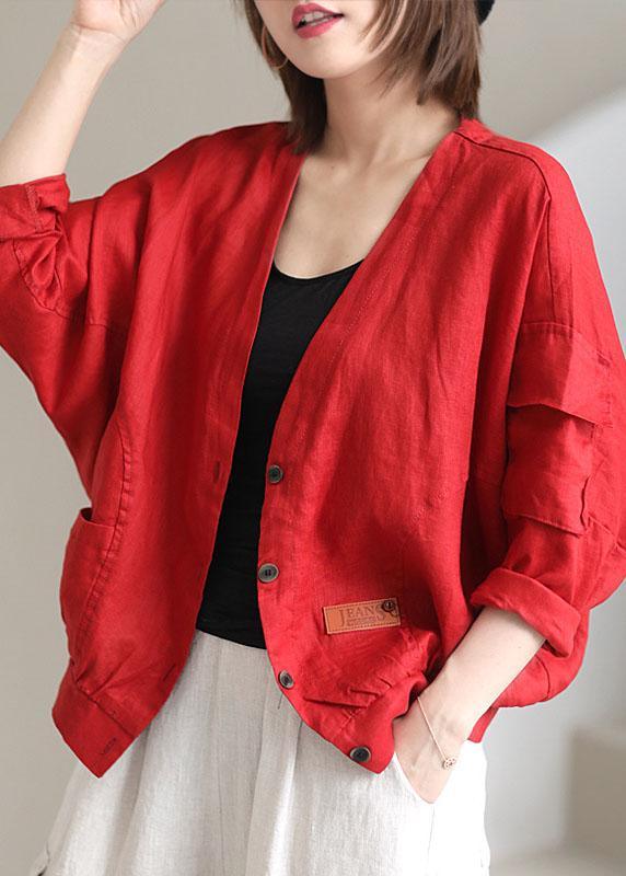 Red V Neck Pockets Fall Coats Long Sleeve Qs050